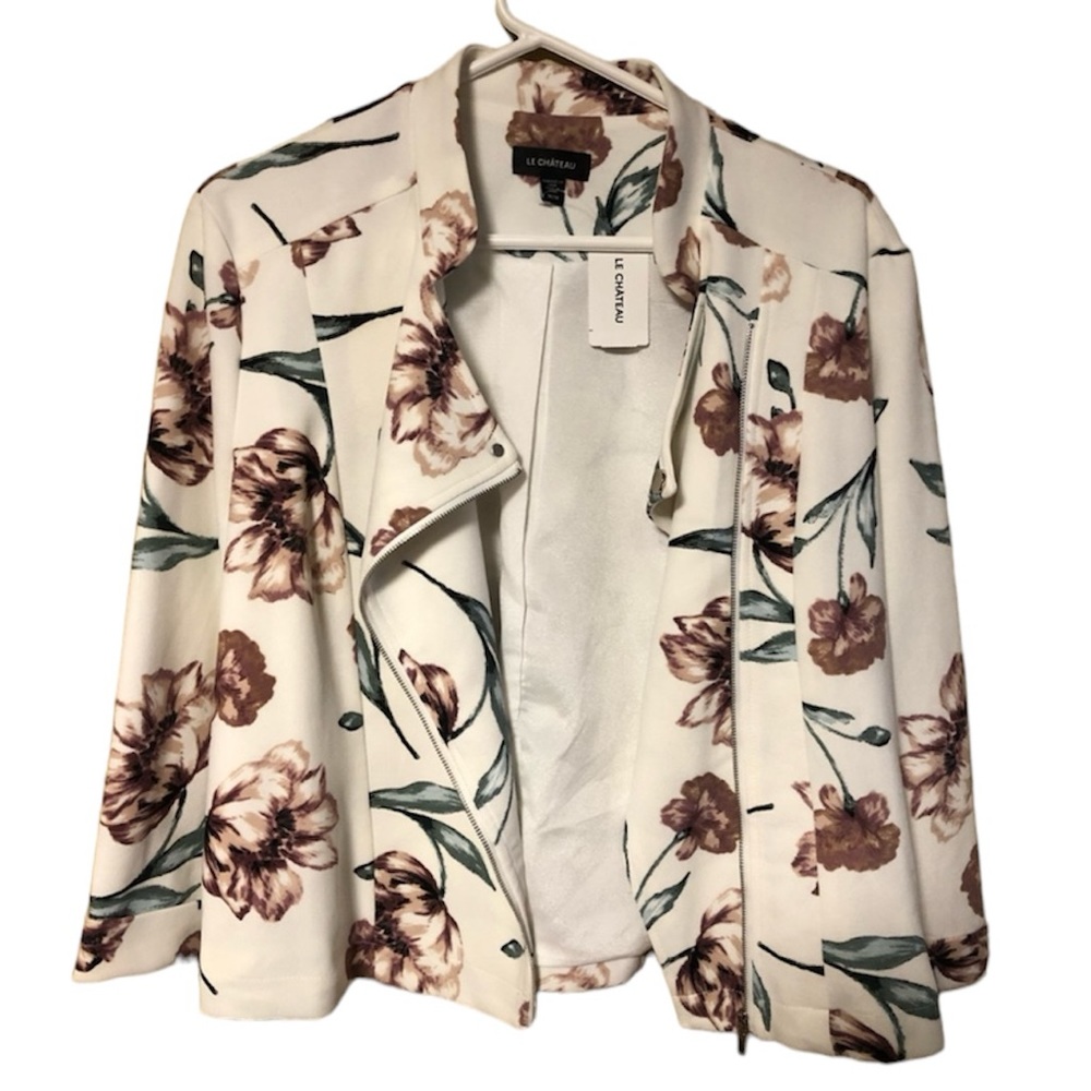 Le Chateau Floral White Rose Pink Blush Asymmetrical Zipper Blazer Jacket